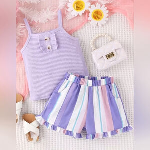 Colorful Girls Top and Purple/Blue Stripped Shorts Set 7 years